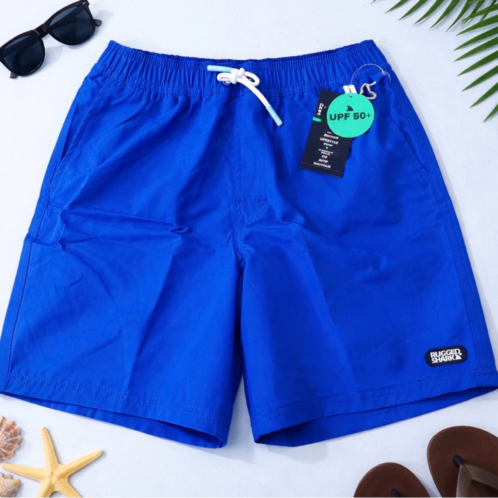 Rugged Shark Boys Swim Trunks Size 10/12 Large Royal Blue UPF 50+‎ NWT